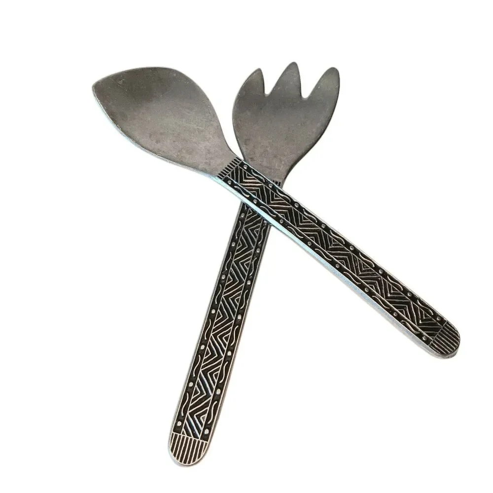 Wilton Armetale Pewter Serving Utensils Spoon & Fork Black & Silver Aztec Design